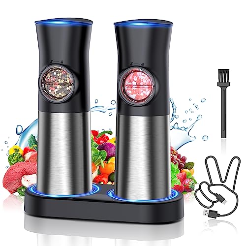 Gravity Electric Salt and Pepper Grinder Set - USB Rechargeable Automatic Grinder - Generous Capacity - Adjustable Fineness - One Handed Operation, Stainless Steel Construction, LED Light