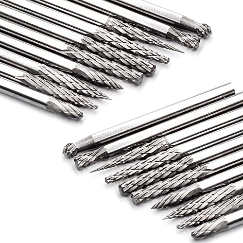 YUFUTOL 20pcs Solid Carbide Burr Set 0.118‘’（3mm）Shank Tungsten Carbide Rotary Files Burrs with 3mm Cutting Head Diameter Fits Most Rotary Drill Die Grinder for Woodworking,Engraving,Drilling,Carving