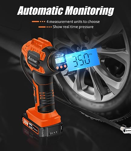 AVID POWER Tire Inflator Air Compressor, 20V Cordless Car Tire Pump with Rechargeable Li-ion Battery, 12V Car Power Adapter, Digital Pressure Gauge