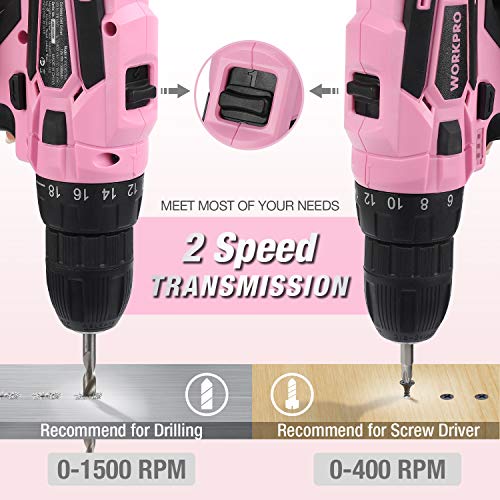 WORKPRO 12V Pink Cordless Drill Driver and Home Tool Kit, Hand Tool Set for DIY, Home Maintenance, 14-inch Storage Bag Included - Pink Ribbon