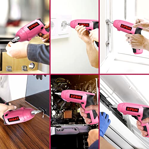 Small Women Pink Electric Screwdriver,Kiprim ES5 Cordless Screwdriver Tool with Rechargeable Battery,LED Front Light & Power Display Light for Home DIY Pink