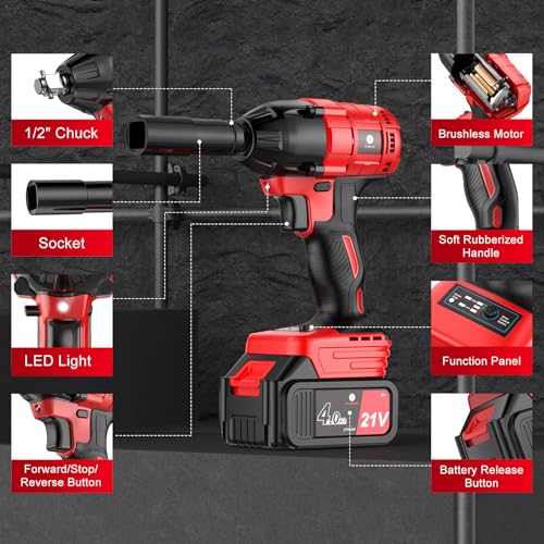 Cordless Impact Wrenches,1/2 Impact Gun, Power Impact Wrench with 370 ft-lbs (450N.m), Includes 21V 4.0Ah Impact Driver Battery, Fast Charger, Sockets, Drill & Screw Bits