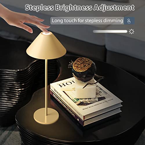 FUNTAPHANTA Modern LED Rechargeable Cordless Table Lamp, IP54 Waterproof, 240LM Dimmable Battery Operated Lamp, 4000mAh Certified Battery, 3000K Portable Bedside Lamp (Gold)