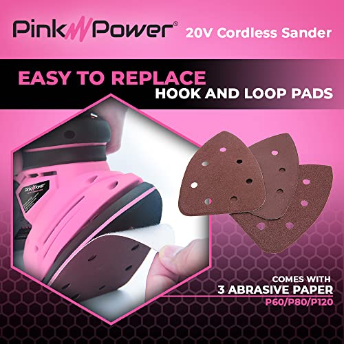 Pink Power Detail Sander for Woodworking 20V Cordless Electric Hand Sander for Wood Furniture - Mini Palm Sander Tool with Sandpaper, 2 Li-Ion Batteries & Charger - Small Handheld Sanding Machine