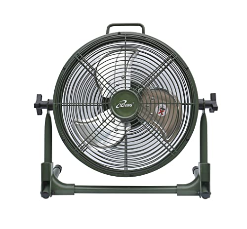 iLiving 12" Rechargeable Battery Operated Camping Floor Fan, High Velocity Portable Outdoor Fan with Metal Blade, With Built-in Lithium Battery for Whole Day Usage, 12 Inches, Military Green