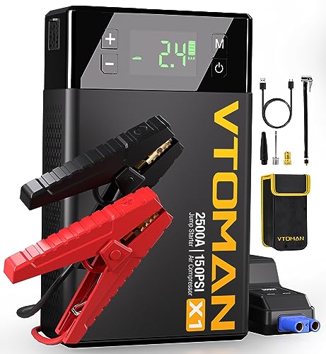 VTOMAN X1 Jump Starter with Air Compressor, 2500A Portable Battery Booster (Up to 8.5L Gas/6L Diesel Engines) with 150PSI Digital Tire Inflator, 12V Car Lithium Battery Jump Box Pack Power Charger