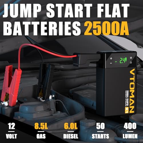 VTOMAN X1 Jump Starter with Air Compressor, 2500A Portable Battery Booster (Up to 8.5L Gas/6L Diesel Engines) with 150PSI Digital Tire Inflator, 12V Car Lithium Battery Jump Box Pack Power Charger