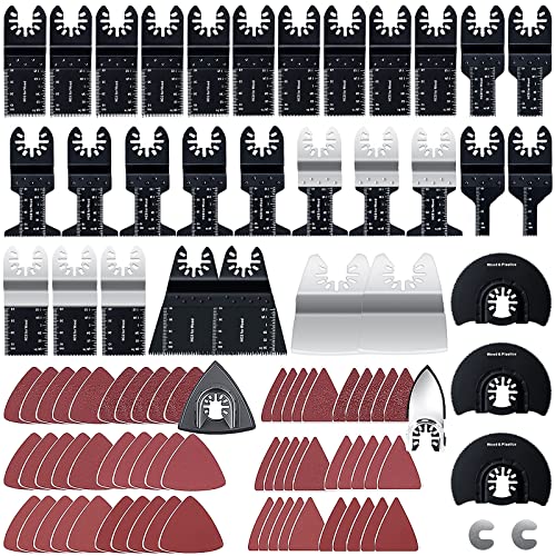 96 Pack Oscillating Saw Blades, CONNOO Oscillating Tool Blades Accessories with Sandpaper, Multitool Bi-Metal Blades for Wood Metal Plastics Quick Release Blades for Dewalt, Makita, Ryobi, Rockwell