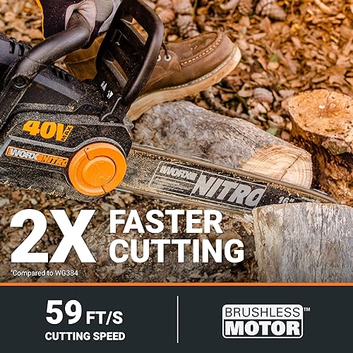 Worx Nitro 40V 16" Cordless Chainsaw WG385 Power Share Battery Chainsaw 59 ft/s Chain Speed Dual Safety Protection, Electric Chainsaw Cordless – 2 Batteries & Charger Included