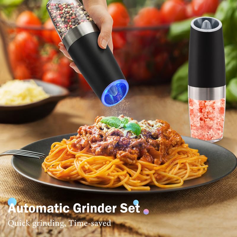 2Pcs Gravity Electric Salt and Pepper Grinder Set, Battery Powered LED Light One Hand Automatic Operation, Adjustable Coarseness Mill Grinders Shakers Black, Kitchen Gadgets Gift Ideas