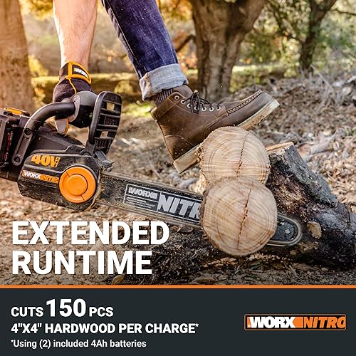 Worx Nitro 40V 16" Cordless Chainsaw WG385 Power Share Battery Chainsaw 59 ft/s Chain Speed Dual Safety Protection, Electric Chainsaw Cordless – 2 Batteries & Charger Included